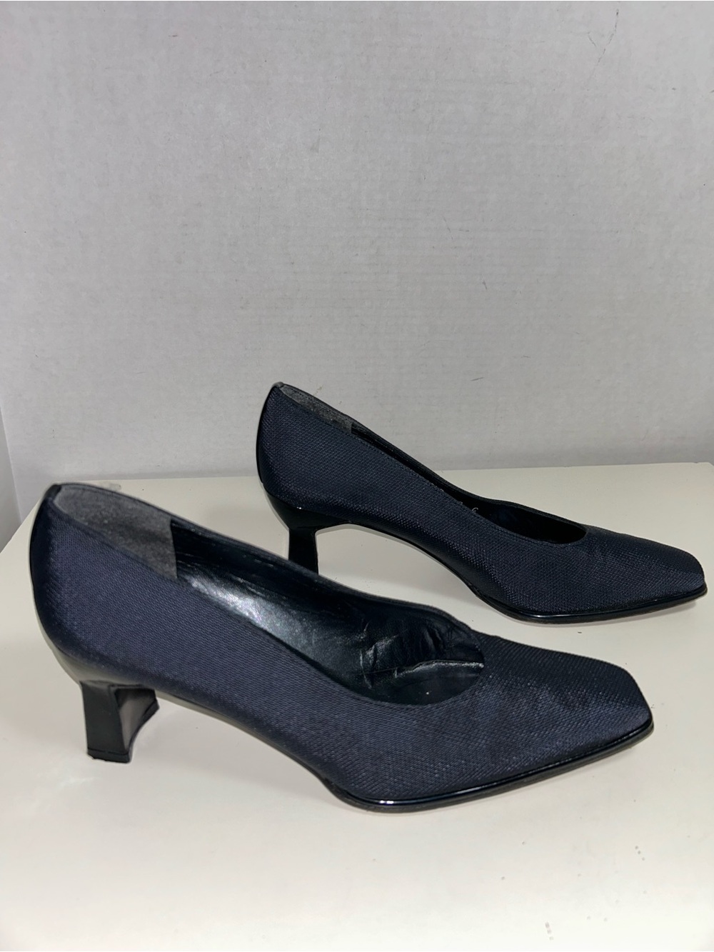 Stuart Weitzman Black Textured Fabric Patent Block Heel Square Toe Pump